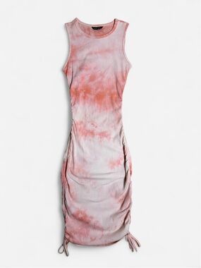 SHEIN Pink/Peach & White Tie-Dye Ribbed Dress With Runched Sides & Tie Detail